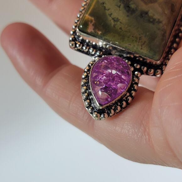 Statement Pendant Necklace – Jasper, Pearl & Purple Druzy + 20" Silver Chain - Picture 9 of 10